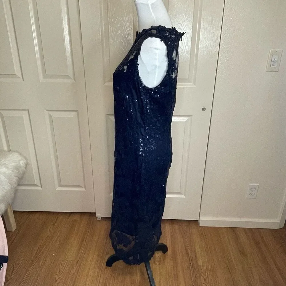 Tadashi Shoji Paillette Embroidered Lace Sheath Cocktail Dress Royal Navy Blue S - Picture 4 of 14